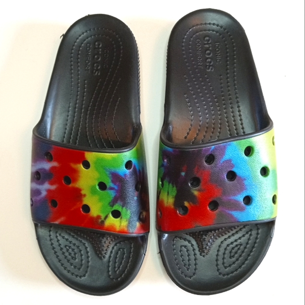 Crocs Classic Tie Dye On Black Slide Sandals  Summer Shoes Women 11M NEW